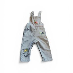 Vintage Toddler Light Blue Overalls with Turtle Embroidery